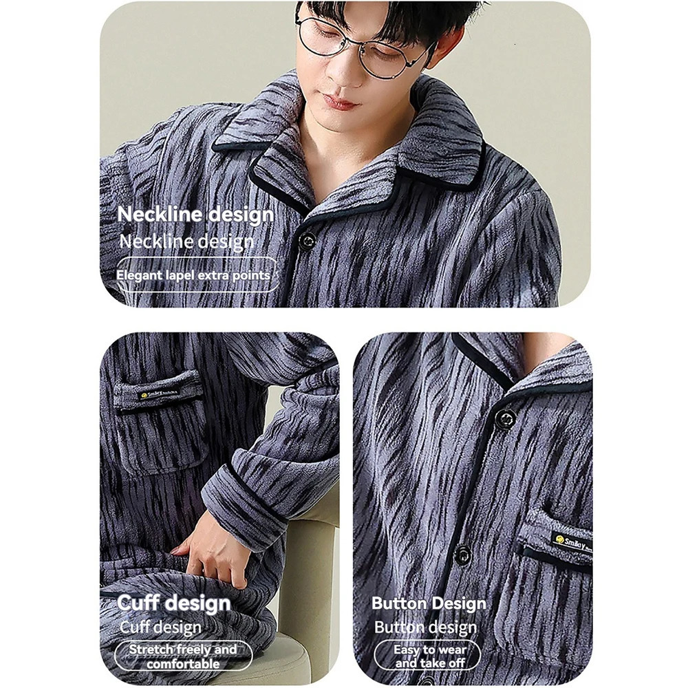 Mens Winter Thicken Flannel Plus Plush Double Warm Sleepwear 3XL Big Size Pajamas Casual Comfortable Soft Sriped Pajama Sets 241111