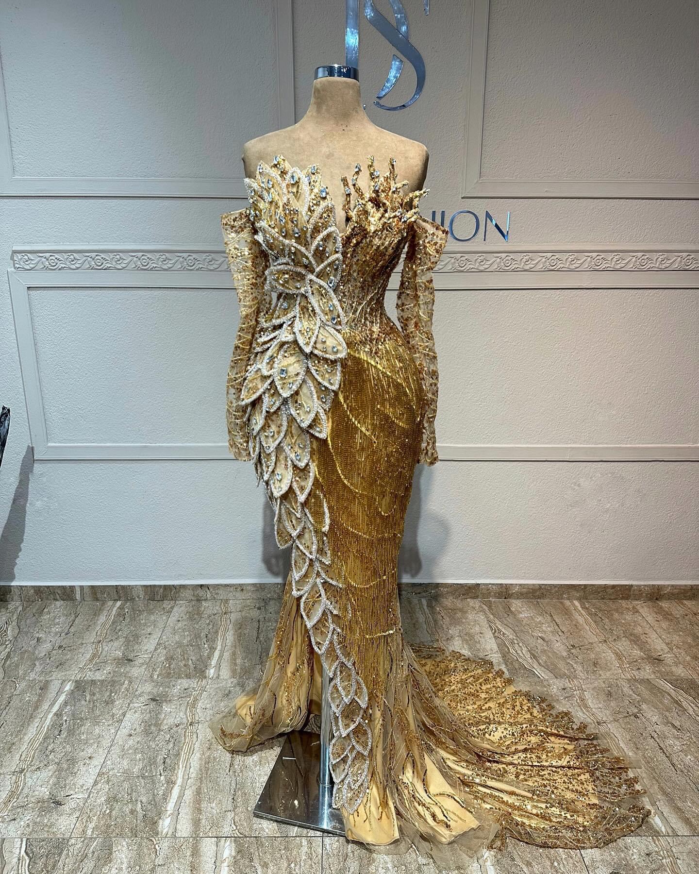 2024 Plus Size Gold Mermaid Prom Dresses For Special Occasions Crystals Florals Tassels Luxurious Evening Party Birthday Gowns Dress For Women Vestido