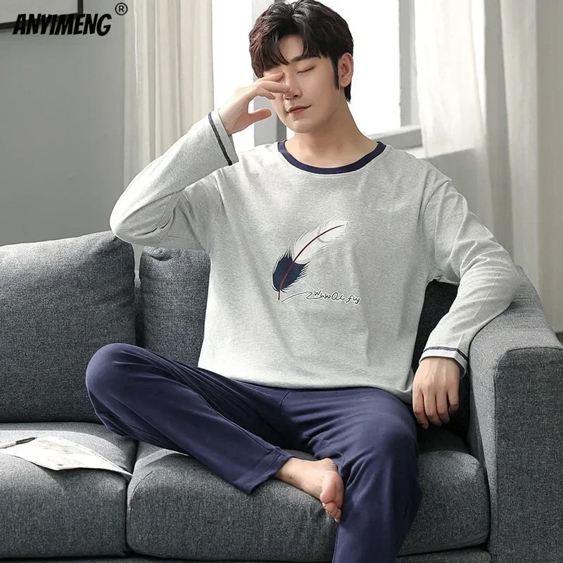 Boys Plus Size Pajama Set Solid Round Neck Knitted Cotton Pijamas Sets for Men 4XL Pijama Autumn Winter Casual Mens Sleepwear 241111