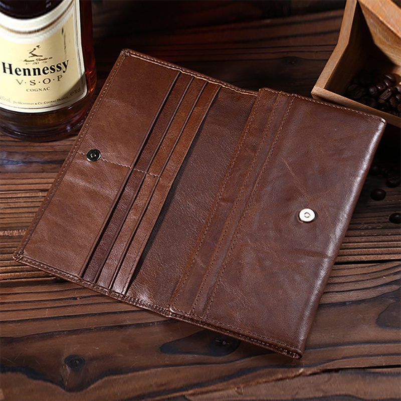 Genuine Leather Men Long Wallet Pocket Credit Card Holder Vintage High Quality Male Clutch Money Coin Bag Oil Wax Cowhide Purse