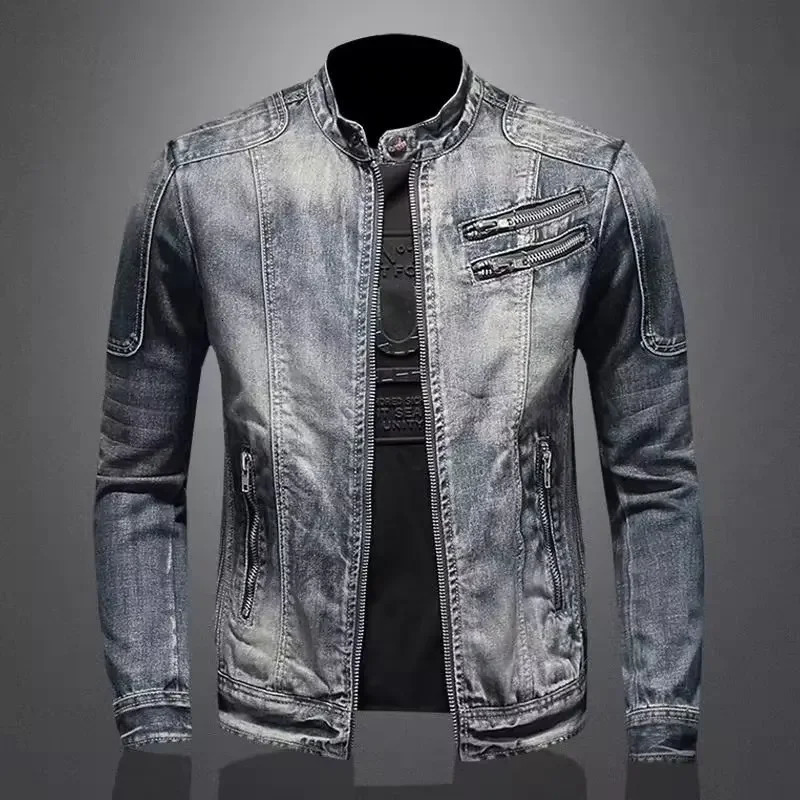 European style mens denim jacket with unique retro slim fit and fashionable casual top 241108
