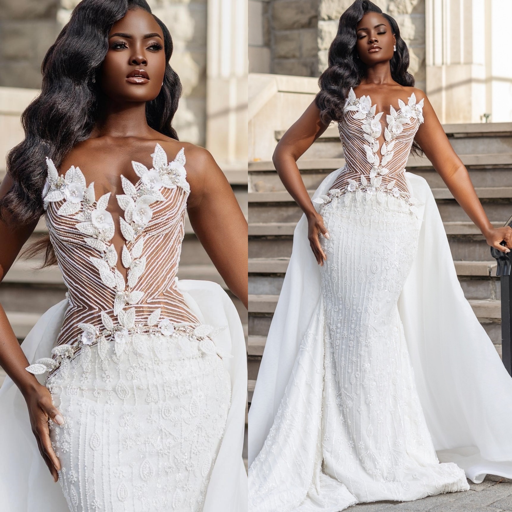 2024 Arabic Aso Ebi White Illusion Mermaid Wedding Dresses Florals Beaded Detachable Train Vintage Bridal Gowns Dress ZJ034