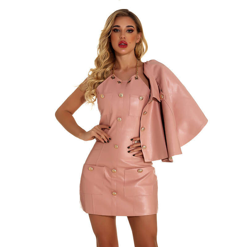 shanshi leather jacket women Spring New Women's Pink Fashion 2-piece shawl sexy dress high-end temperament leather skirt