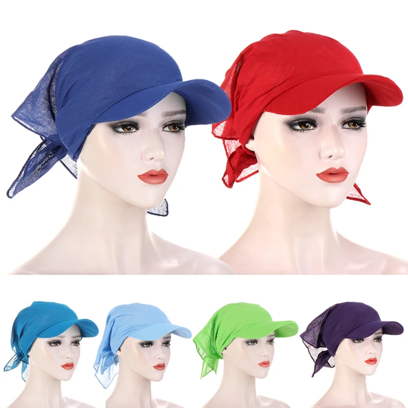 Summer Women Wide Brim Cap Sun Visor with Pre-Tied Turban Caps Head Scarf Windproof Bandana Solid Color Outdoor Beach Sun Hat
