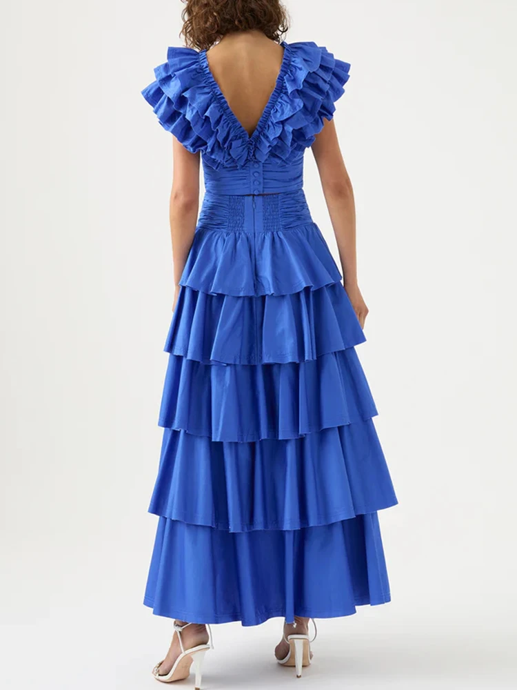 VGH Solid Two Piece Sets For Women V Neck Butterfly Sleeve Folds Crop Tops High Waist Tierred Pleated Skirt Casual Set Female