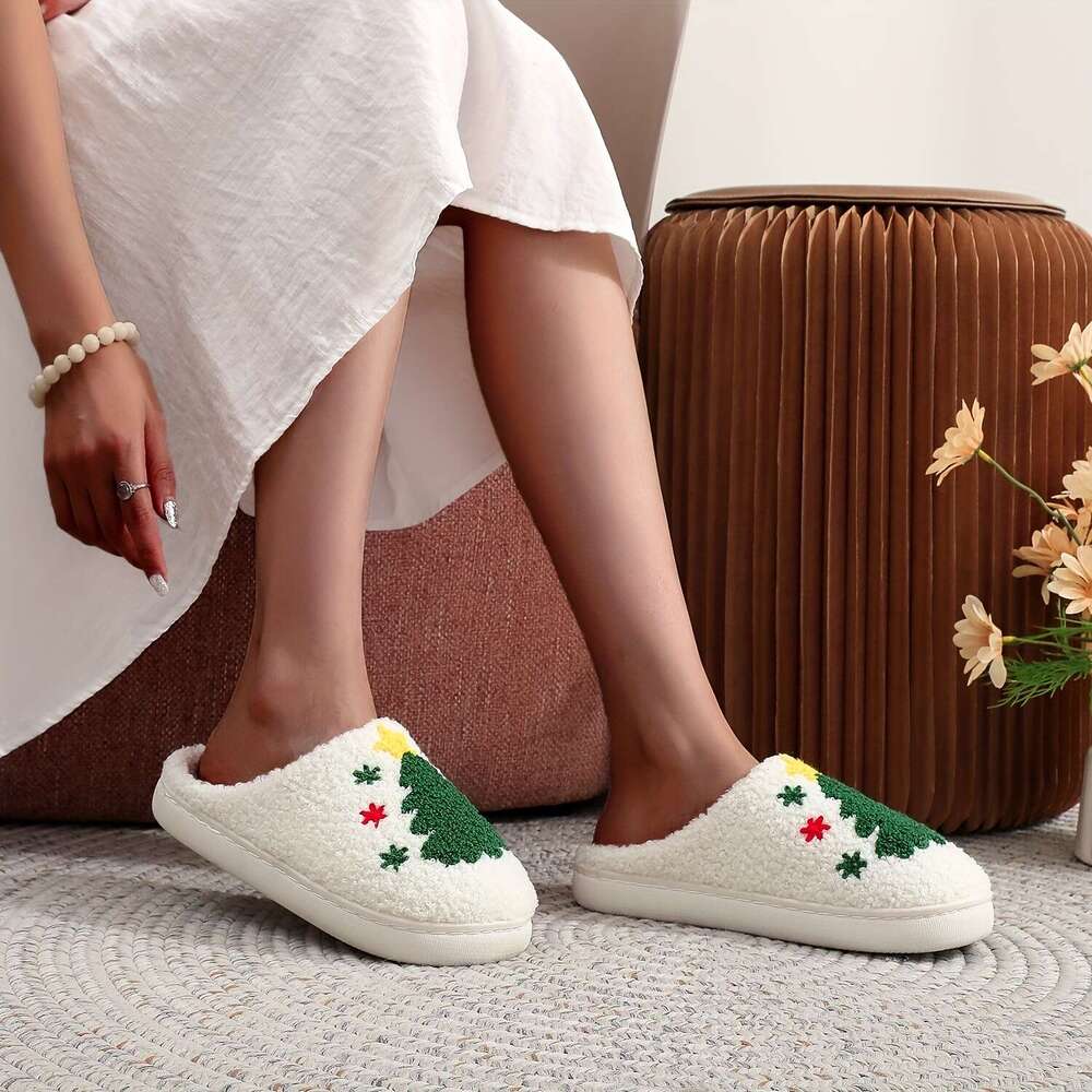 Christmas Glam Style Christmas Tree Women Men Cozy Plush Indoor Slippers with Insole, TPR Sole, and Fabric Upper - Hand Washable, All-Season Winter Co