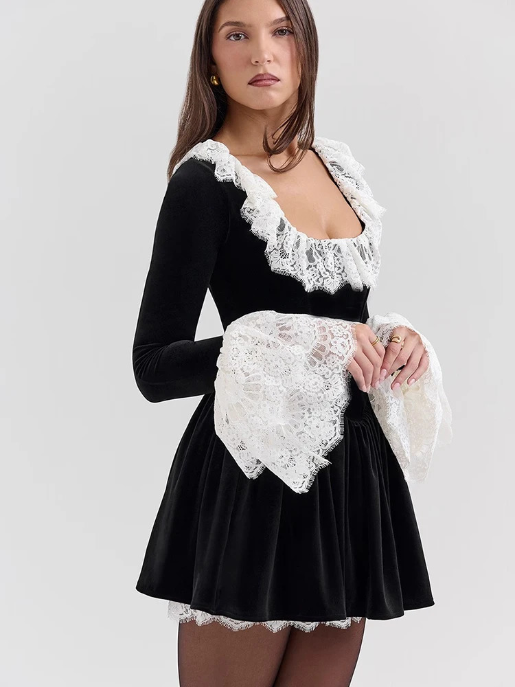 Fantoye Patchwork Sexy Square Collar Lace Women Dress Black Flare Sleeve French Dress Female Winter Slim Elegant Party Clubwear 241111