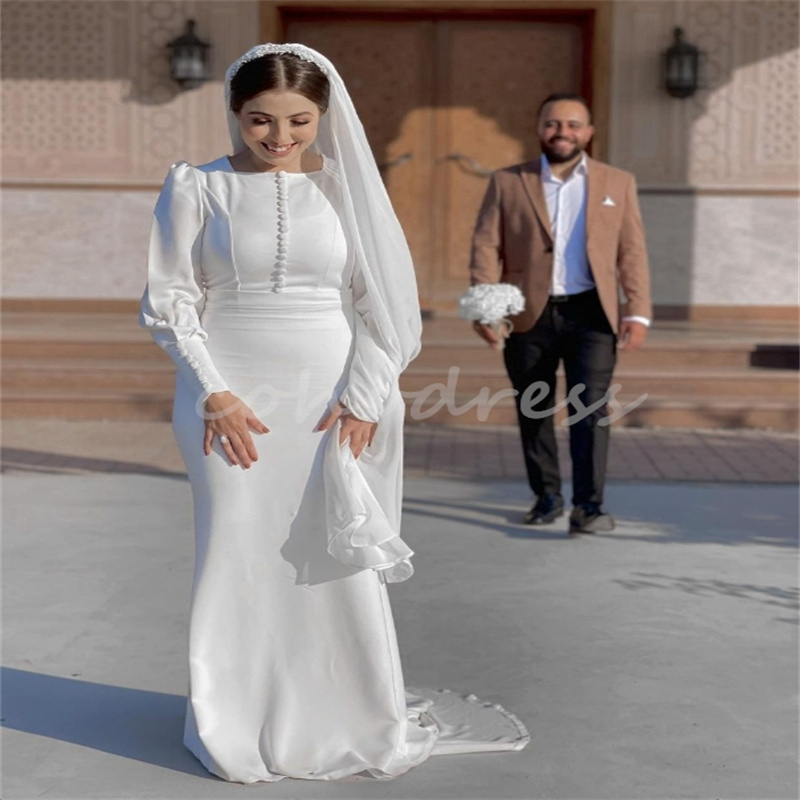 Simple Mermaid Wedding Dresses With Button White Arabic Dubai Boho Country Bride Dress Long Sleeve Civil Bridal Gown 2025 Robe De Mariee