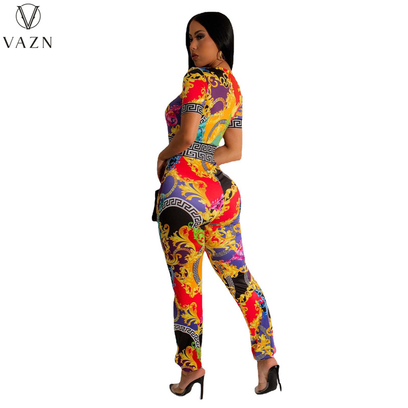 VAZN 2023 Women Street Girl Style Sets New Short Sleeve Round Neck Short Top Elastic Long Pants Printed Lady 2 Piece Set