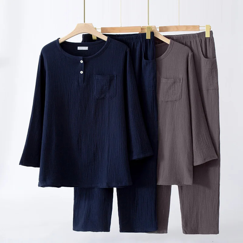 Cotton Crepe Roundneck Pajamas Suit Men Autumn Thin Gauze Plus Size Longsleeved Trousers Korean Leisure Home Service 241111
