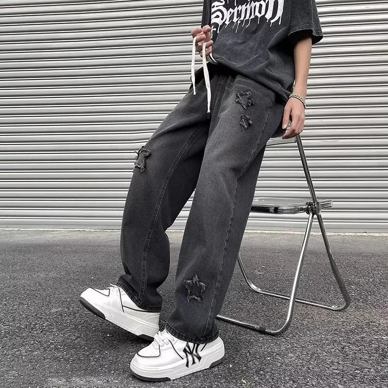 Mens Star Embroidered Ripped Baggy Jeans High Street Straight Denim Pants Autumn Hip Hop Fashion Y2K Vintage Jean Trousers 241111