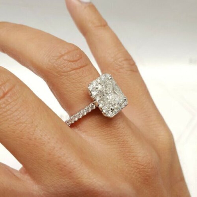 Radiant Cut Moissanite Hidden Halo Ring Platinum 2.23 CT Colorless White Engagement Bands or Rings Customize Size Nickel Free gorgeous