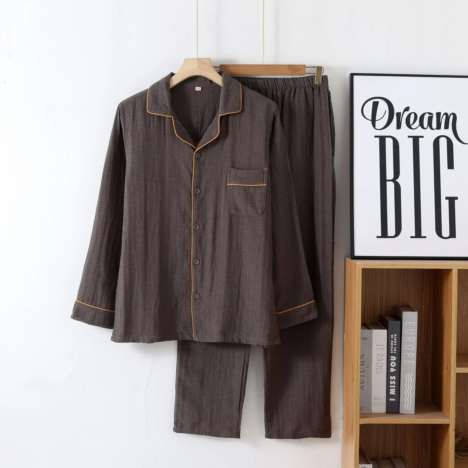 Cotton Doublelayer Simple Mens Spring and Autumn Sleepwear Thin Long Sleeved Pants Loose Home Pyjama Suit 241111