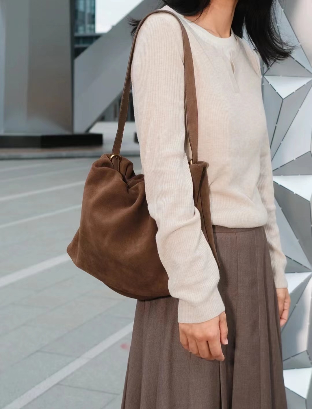 Frosted Suede Cloud Tote For Women Simple All-In-One Corset Drawstring Fashion Single Shoulder Crossbody Bag Genuine Leather Vintage Style Bagvoyage