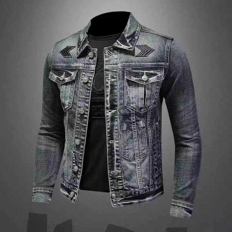 Mens retro denim jacket High Street trend loose street cyclist clothing handsome casual button up collar mens clothing 241108