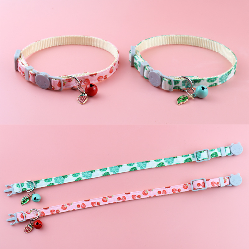 Cat Collar Adjustable Printed Pet Collar with Bell Strawberry and Green Leaf Leash D Ring for Kittens & Puppies Pet Accessories