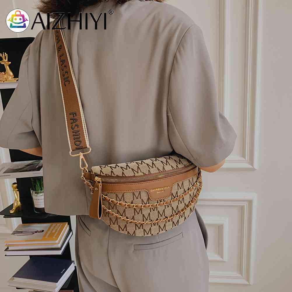 Vintage Shoulder Bag Printed Letter Women Saddle Waist Bag Canvas Phone Pouch Chains Ladies Wide Strap for Travel Work Hot-sale