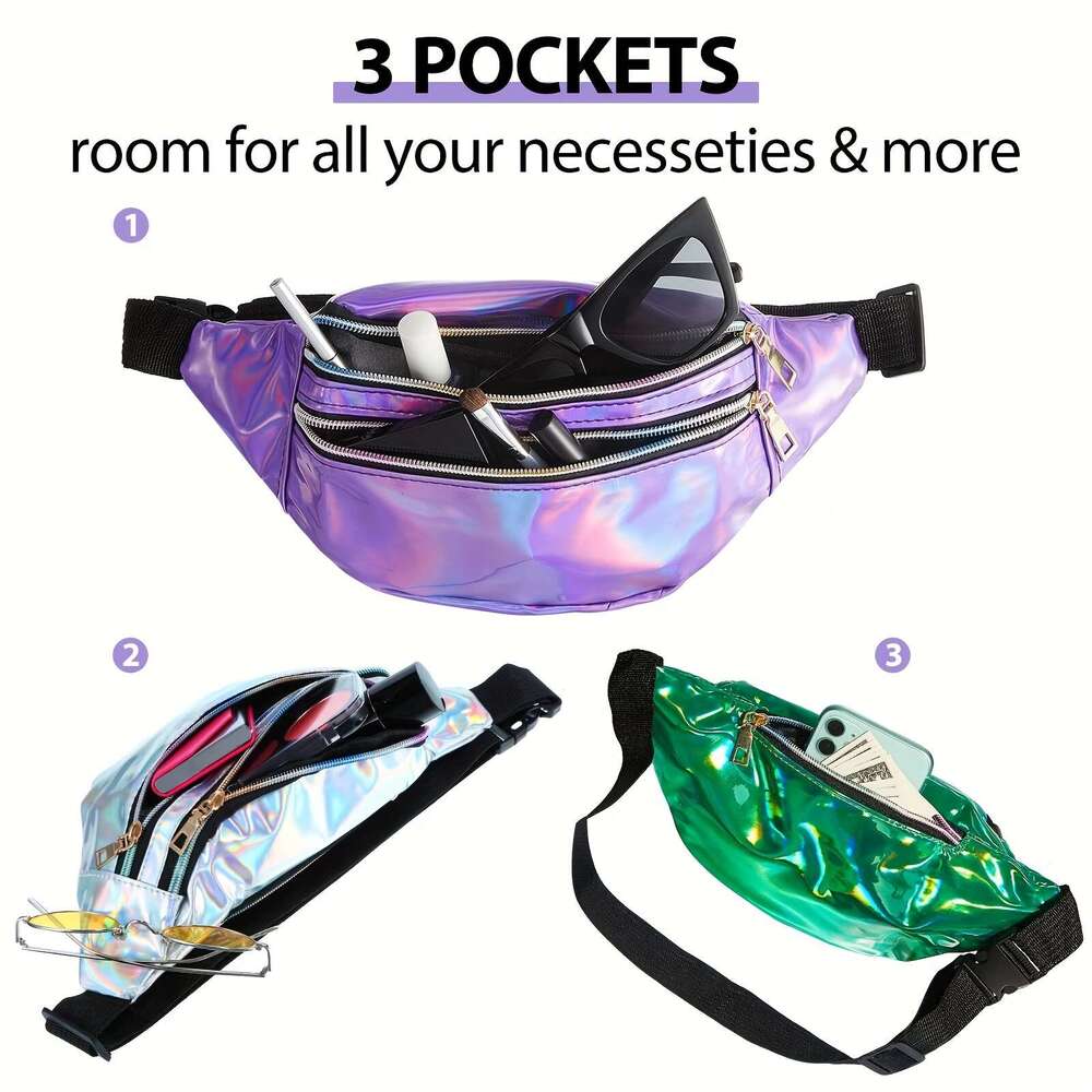Fashion 12-Pack Vibrant Holographic Fanny Pac Women Waterproof, Adjustable, 3-Pocket Waist Bag with Zipper Closure - Ideal for Sports, Outdoors, Trave