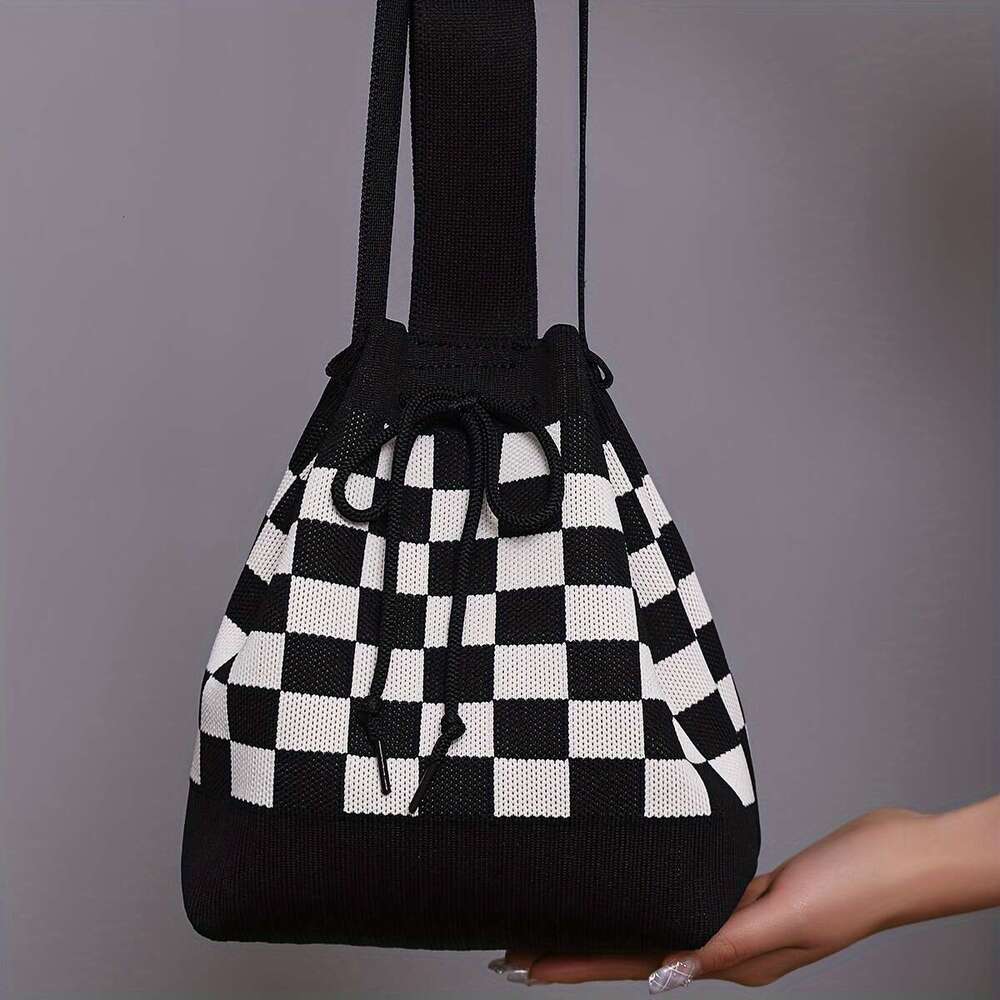 Fashion 2024 Stylish Checkerboard Knitted Shoulder Bucket Bag - Crossbody Bags with Classic Drawstring Design, Adjustable Straps, and Spacious Interio