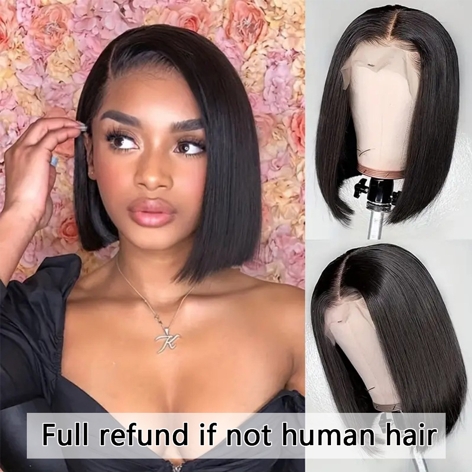 Bob Really Human Hair Ready to Wear Go Glueless Black Bone Straight 13x4 Frontal Transparent HD Lace Front Closure Synthetic Wig With Babyhair