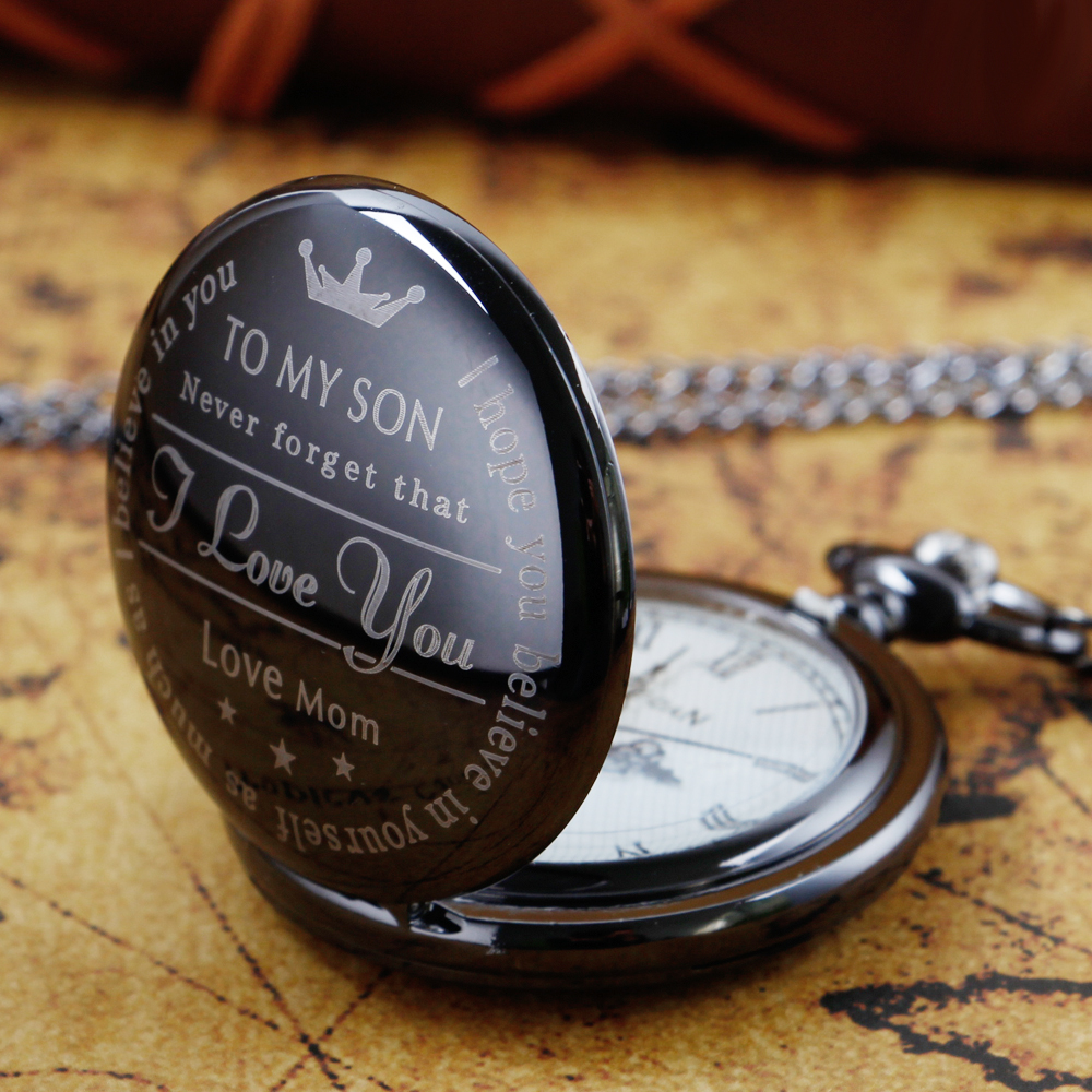 TO MY SON Literal Pocket Watch Crown Pattern I LOVE YOU Foever Flip Pocket Watches for Boy Bitthday Gift