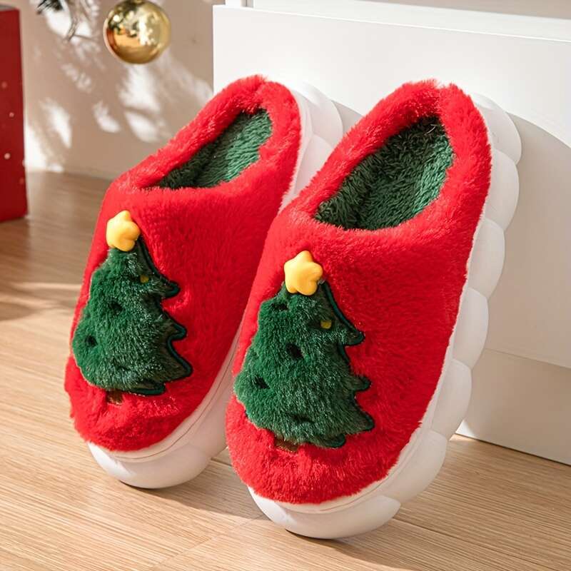Comfy Christmas Tree Pattern Hollow Out Slides Soft, Non Slip, Thermal, Fuzzy, Casual, Indoor, Bedroom Shoes Men - Perfect for Cold Winter Days