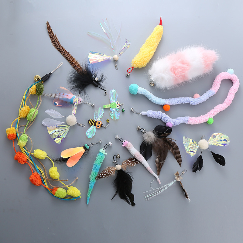 NEW Pet Cat Tease Stick Feather Toy With Bell Cat Teaser Stick Replacement Head Insect Bird Shape Interactive Play Pet Supplies