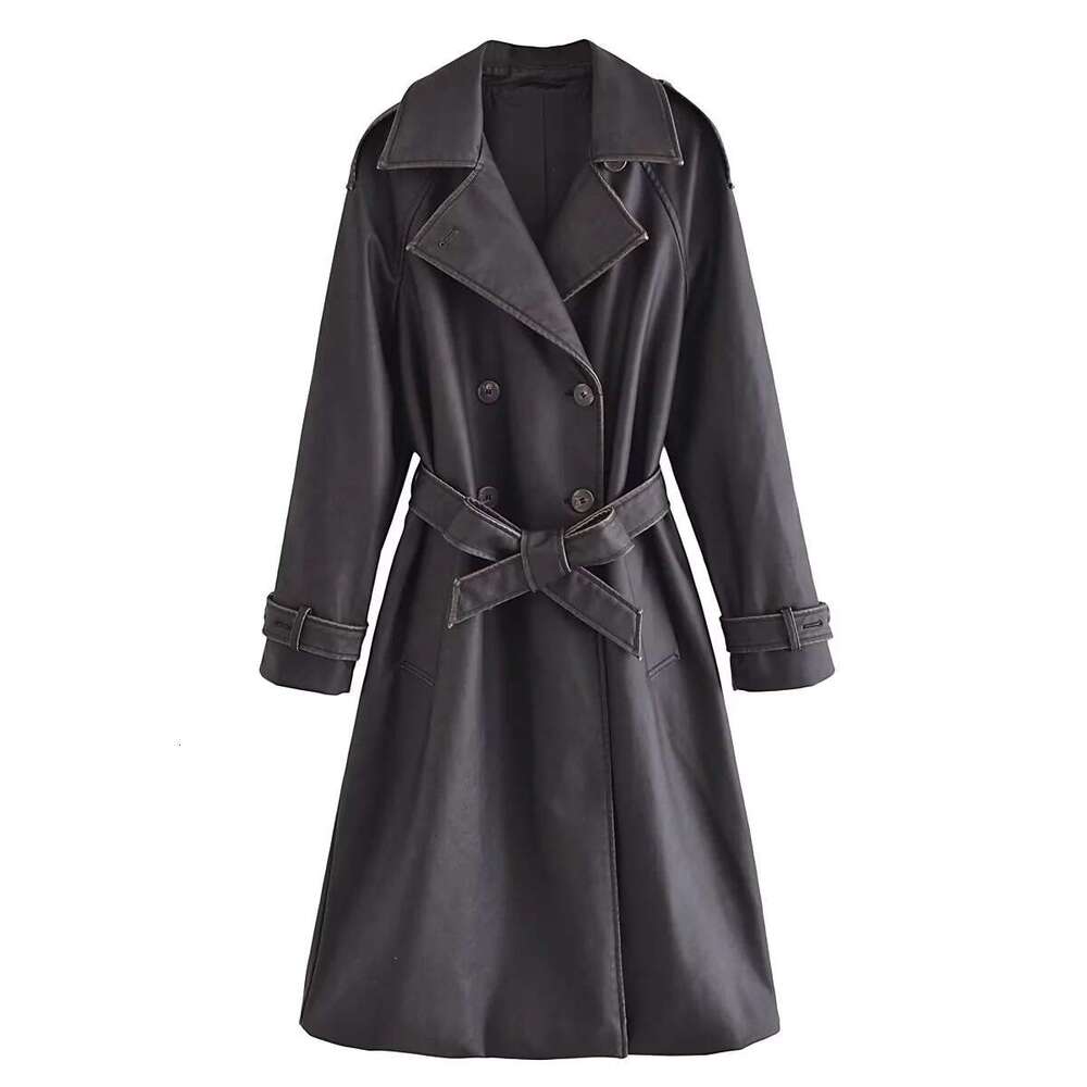shanshi leather jacket women Fashionable French style women's clothing with vintage washed faux leather buckle long windbreaker belt