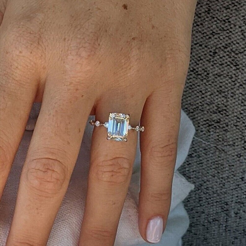 3.35 TCW Colorless Emerald Cut Moissanite Solitaire Ring 14K White Gold gorgeous