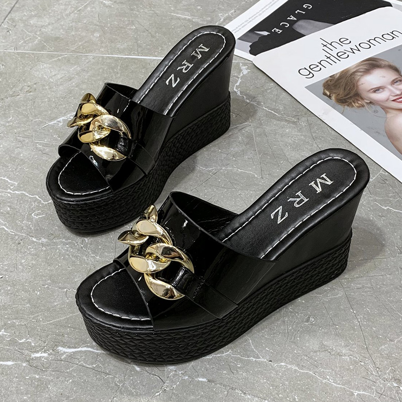 Platform Chain High Heels Slippers Women's Wedding Shoes Summer 2022 New Casual White Black Wedges Slides Ladies Beach Slippers