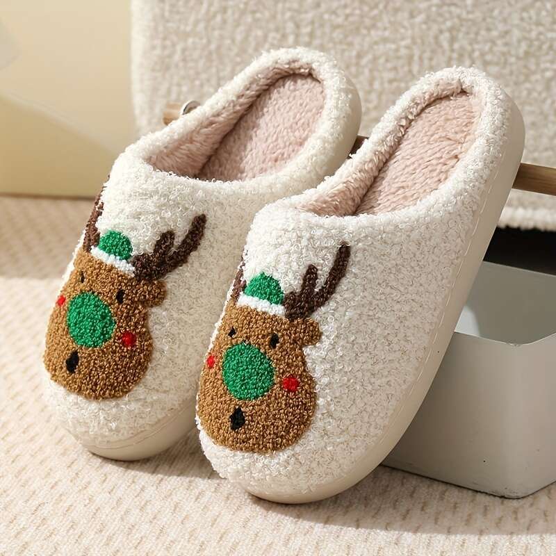 Christmas Christmas Deer Red Cartoon Indoor Soft Sole Plush ed Bedroom Cozy Shoes, Non-slip Mute Slippers, Winter & Autumn