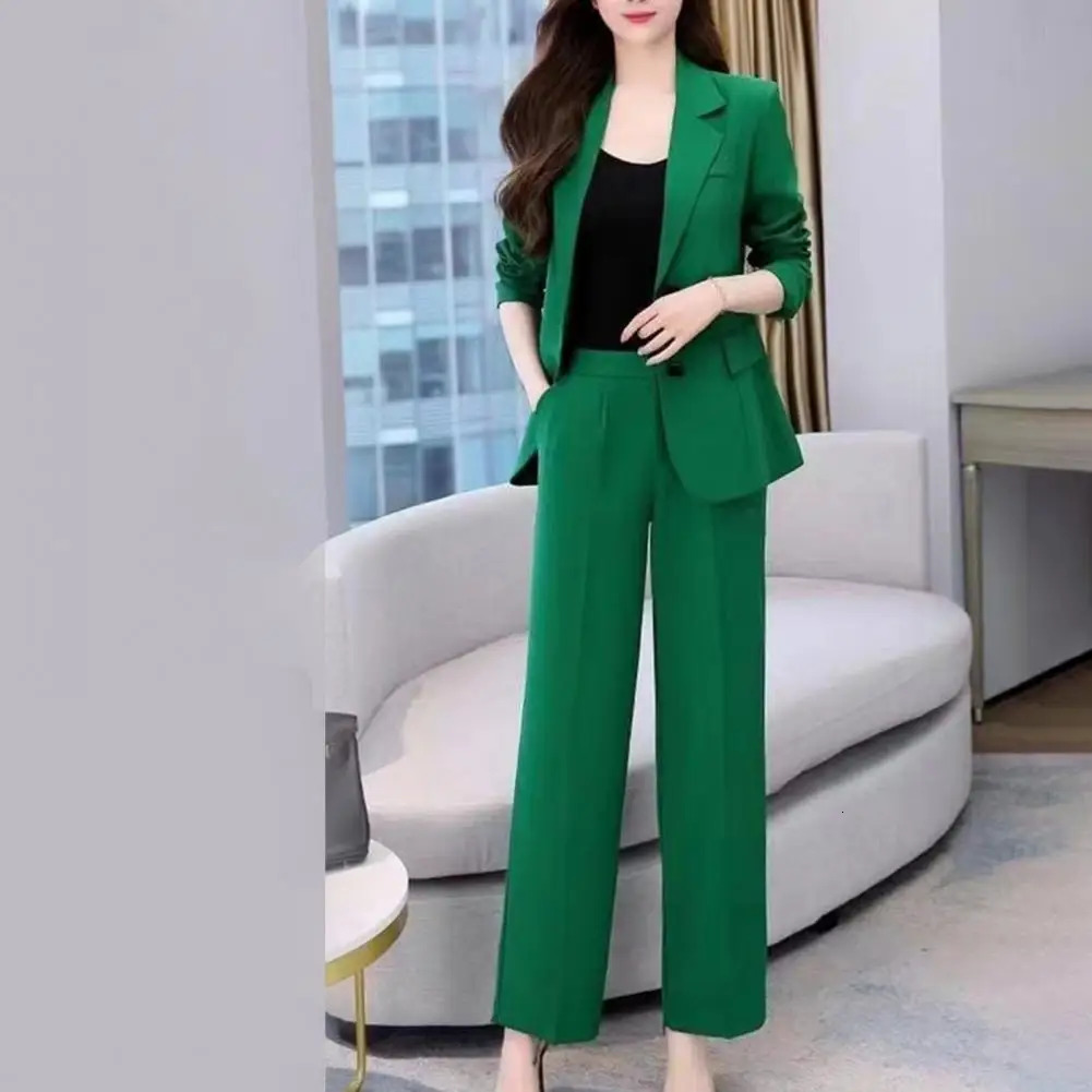 2 Pcs/Set Autumn Women Coat Pants Suit Formal Business Style Lapel Button Closure Two-piece Set Long Sleeve Wide Leg Lady Outfit 241111