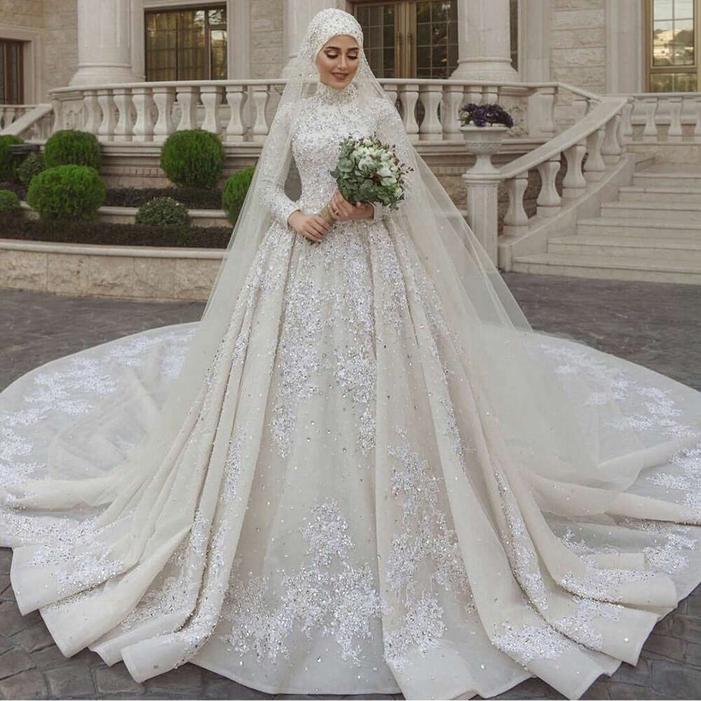 STEVDITG Pearls Crystal Wedding Fashion High Neck Long Sleeves Appliques Beading Chapel Train Ball Gown Bride Dress 0914