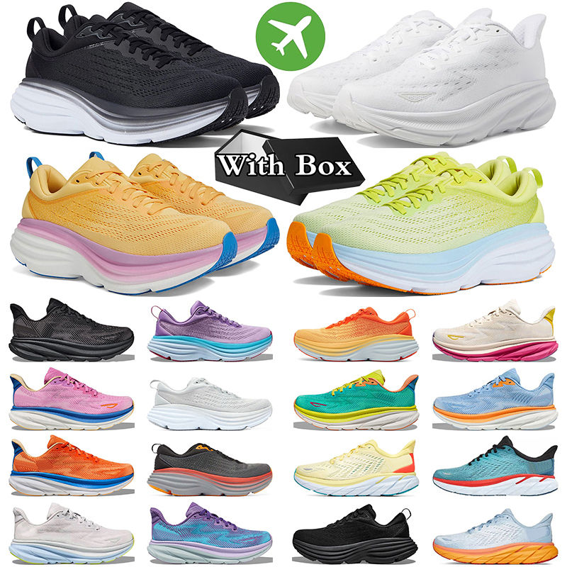 With Box one clifton 9 bondi 8 running shoes mens trainers Triple Black Green Lime Glow womens sneakers sports