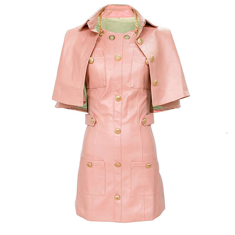 shanshi leather jacket women Spring New Women's Pink Fashion 2-piece shawl sexy dress high-end temperament leather skirt