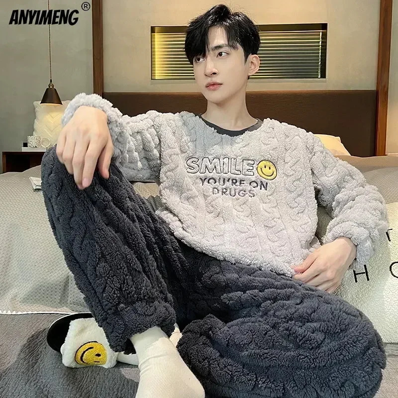 L5XL Big Size Mens Pajamas Set Winter Thick Velvet Coral Pajama for Man Leisure Sporty Sleepwear Chubby Thermal Pijamas Boy 241111
