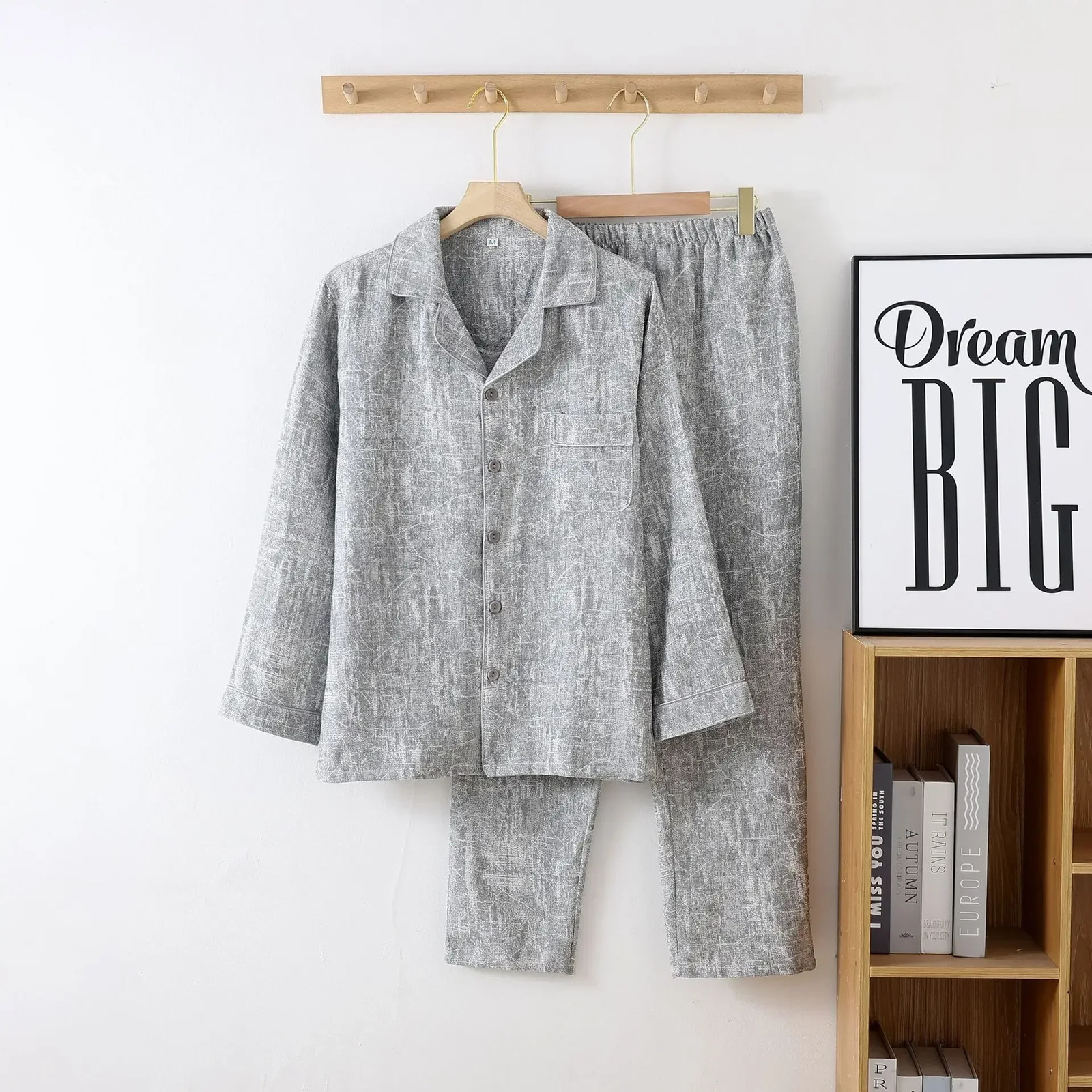 Cotton Doublelayer Simple Mens Spring and Autumn Sleepwear Thin Long Sleeved Pants Loose Home Pyjama Suit 241111