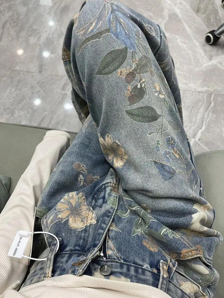 American hiphop men and women trendy retro floral print straight leg jeans for couples loose wide casual pants y2k 241111