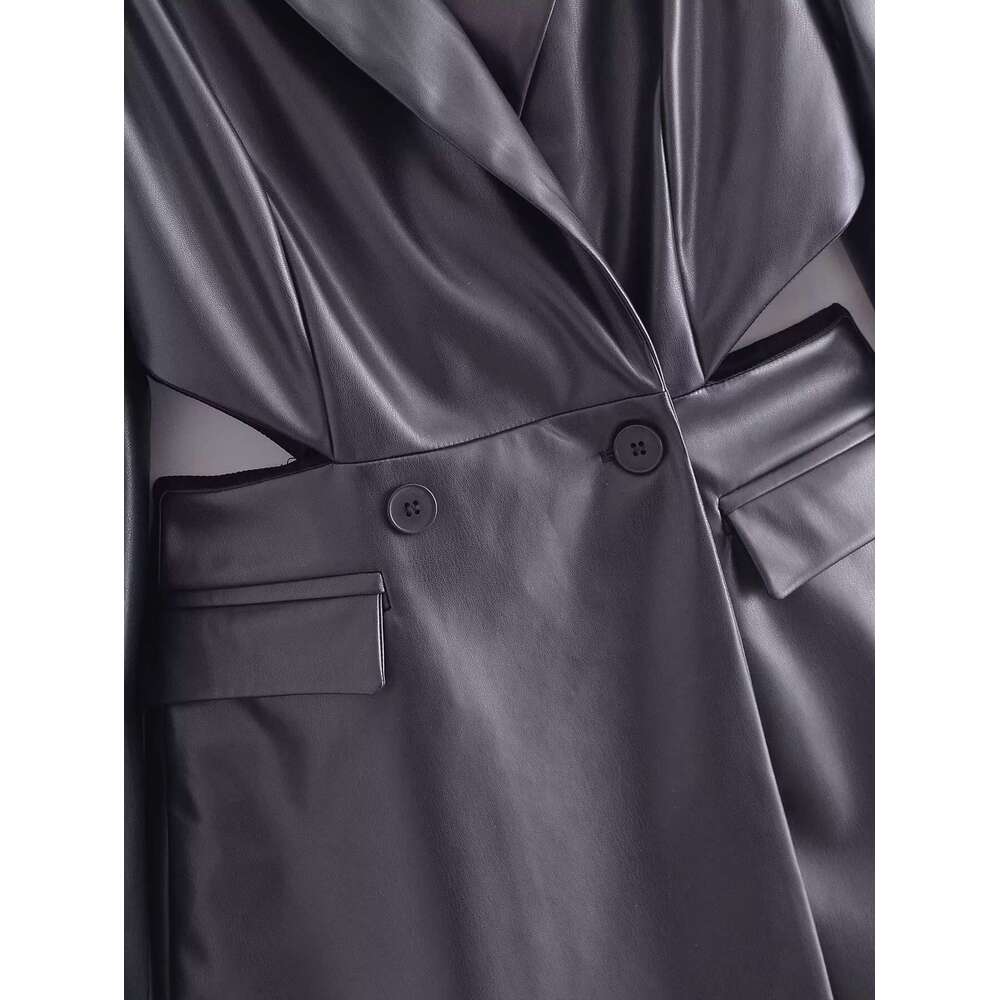 shanshi leather jacket women Spring New Product: Women's Waist Hollow out Imitation Leather Suit Coat Dress PU Short Skirt