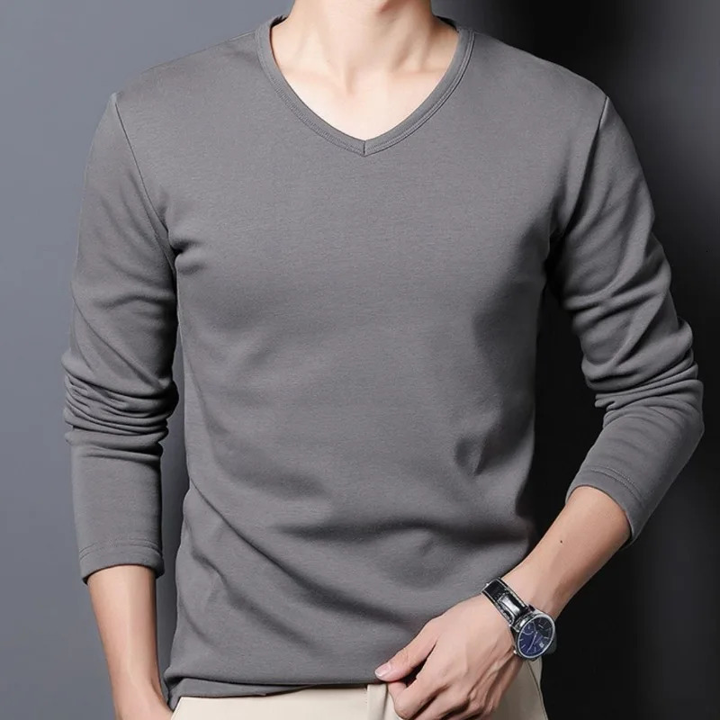 Winter mens underwear long sleeved warm wool T-shirt Velet T-shirt solid color V-neck top winter ultra-thin warm T-shirt 241111