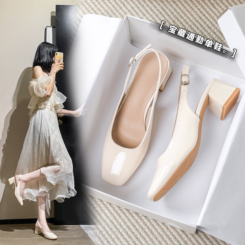 OL shoes suqare toe japanned leather sandals women thick high heels summer shoes back strap green sandalias mujer big size 43