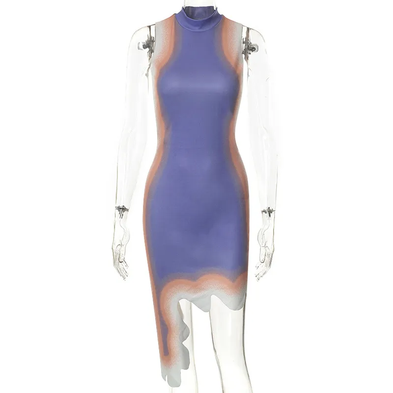 Casual Dresses Modphy Asymmetrical Wavy Hem Round Collar Devise Tie Dyeing Printing Pink Knit Sleeveless Female Knitting
