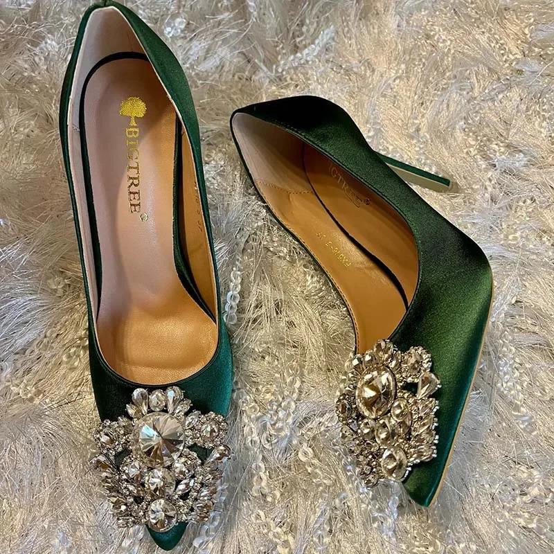 Women 10cm High Heels Sexy Rhie Green Pink Gray Pointed Toe Pumps Lady Silk Satin Escarpins Elegant Wedding Evening Shoes 241111