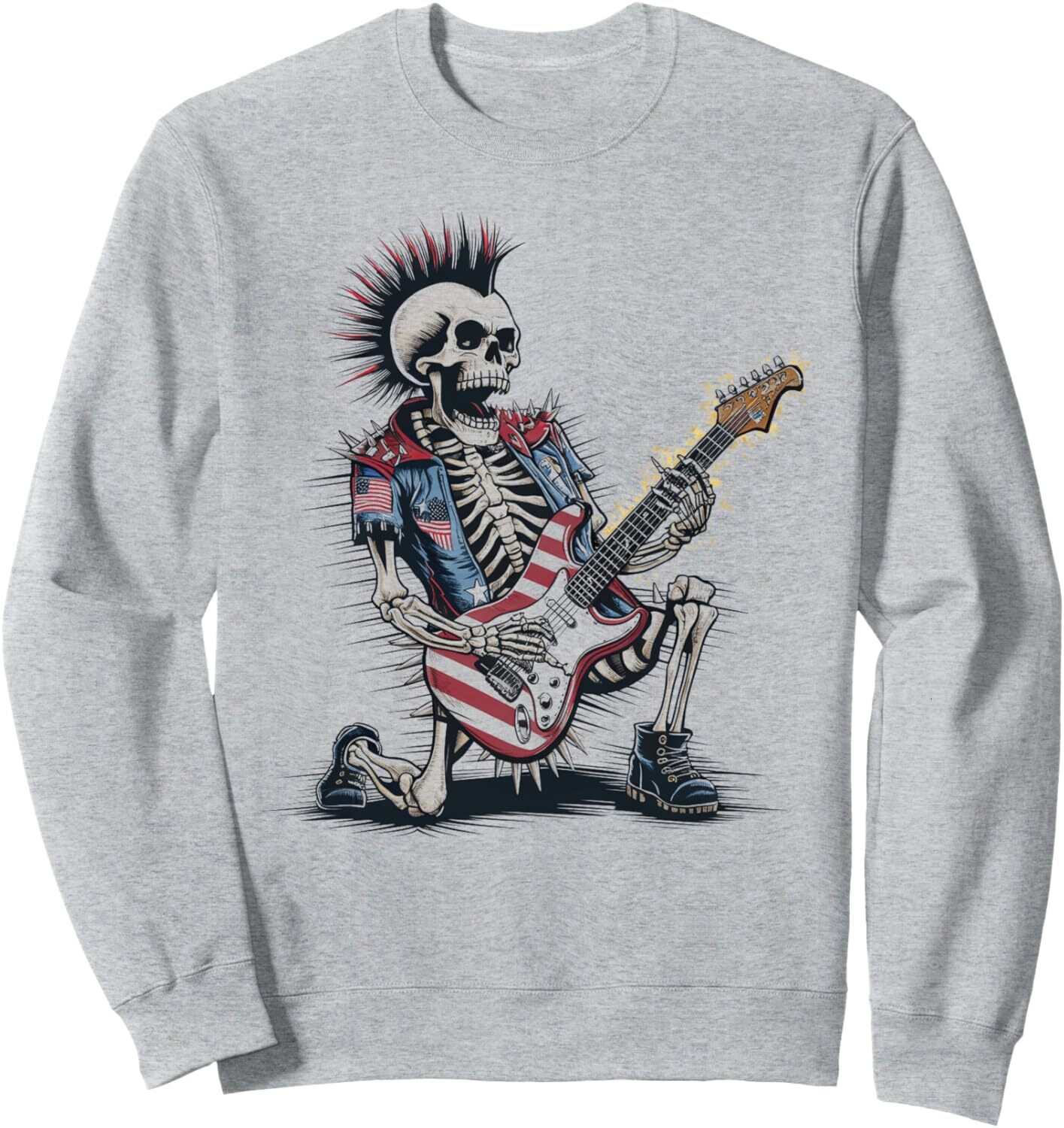 Long Sleeve Shirts for Men sweatshirt Punk Rock Skeleton Guitar USA Flag 4th Of July Gift Sweatshirt T shirt Tee Streetwear Casual tops clothes