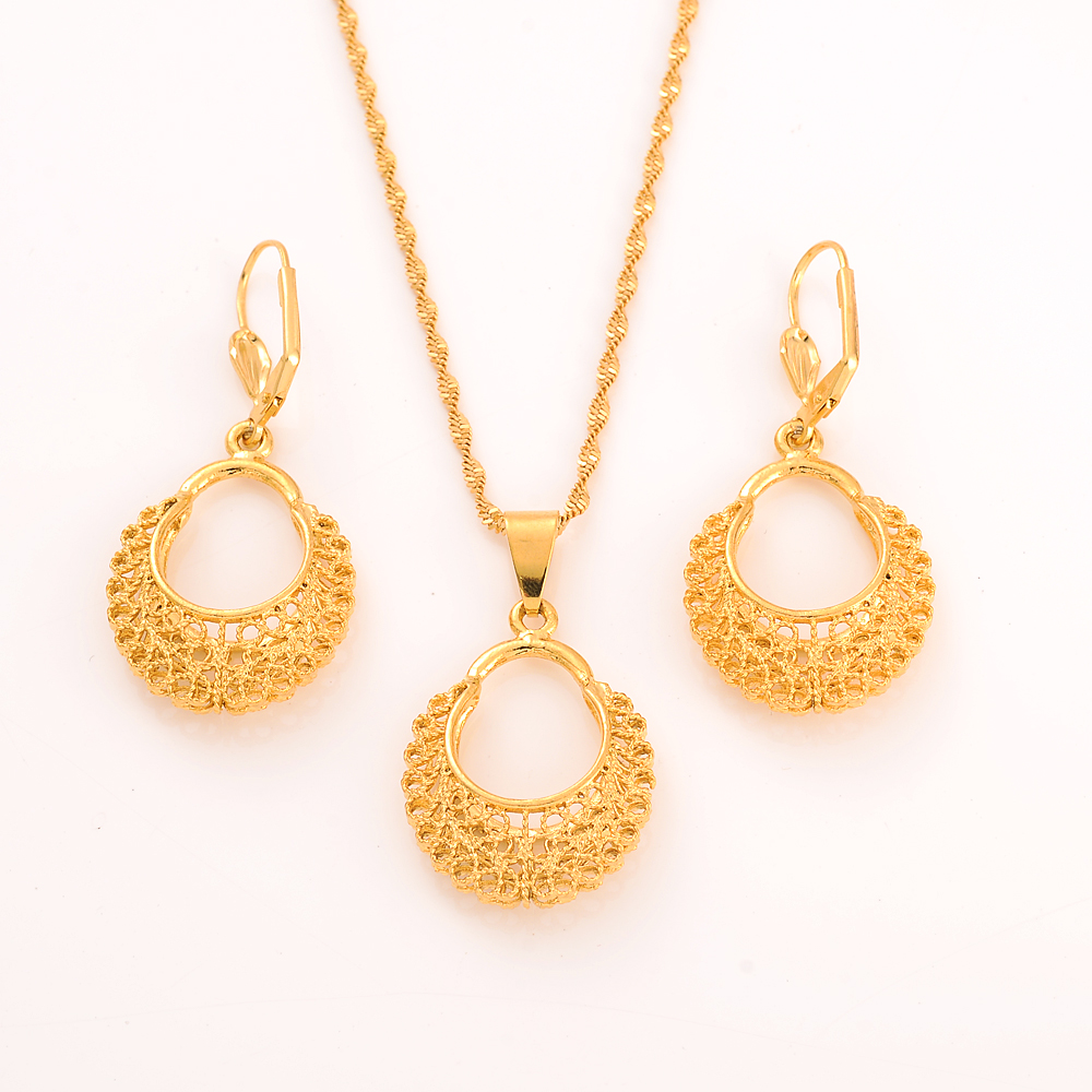 24k Gold Plated Africa dubai India Cute Necklace pendant Earrings wedding Birthday Party Jewelry Sets For Women Girl Gifts
