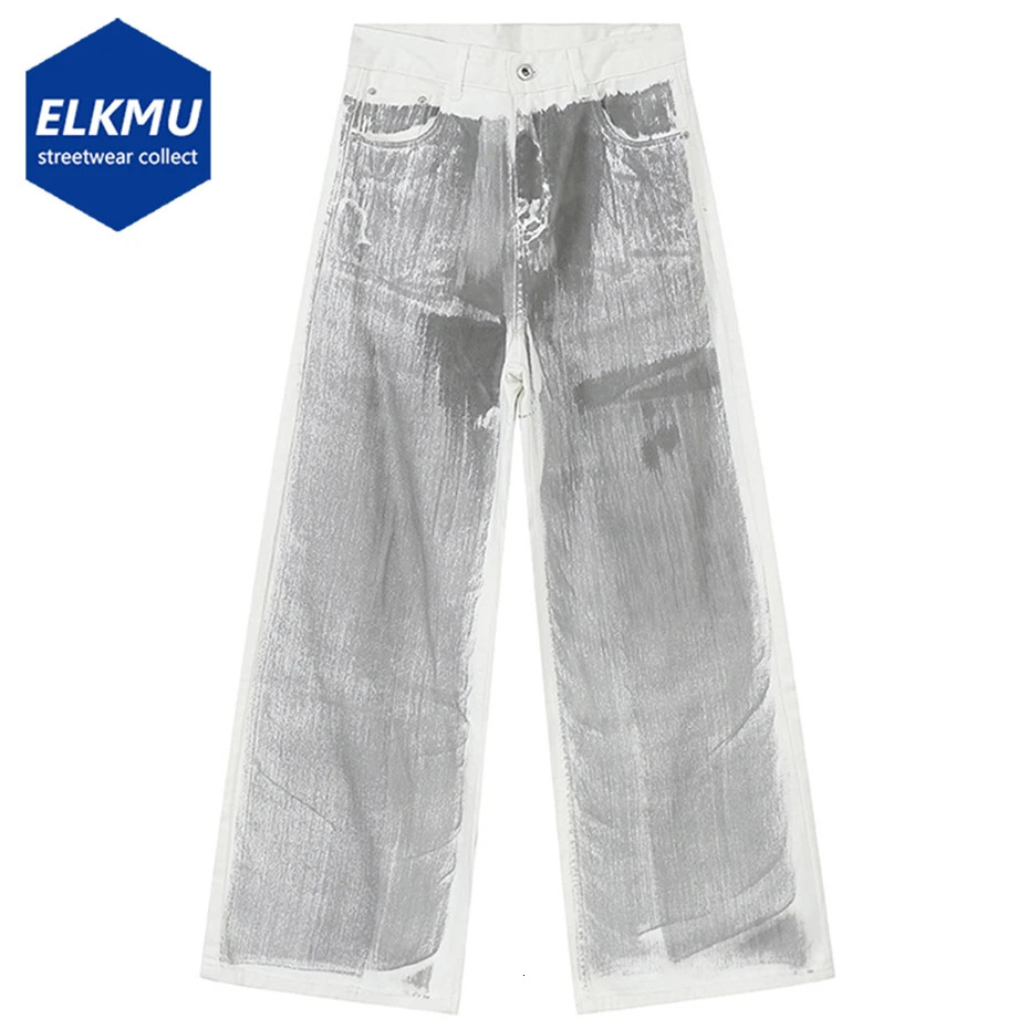 Mens white bagged jeans dirty printed apron Y2K loose straight denim pants Harajuku Super Street jeans mens Trousers 241108