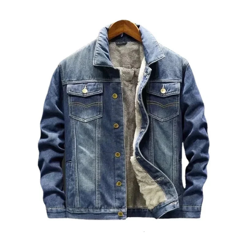 Mens denim jacket loose fit trend warm work top autumn/winter wool lining thick casual trend jacket 241108