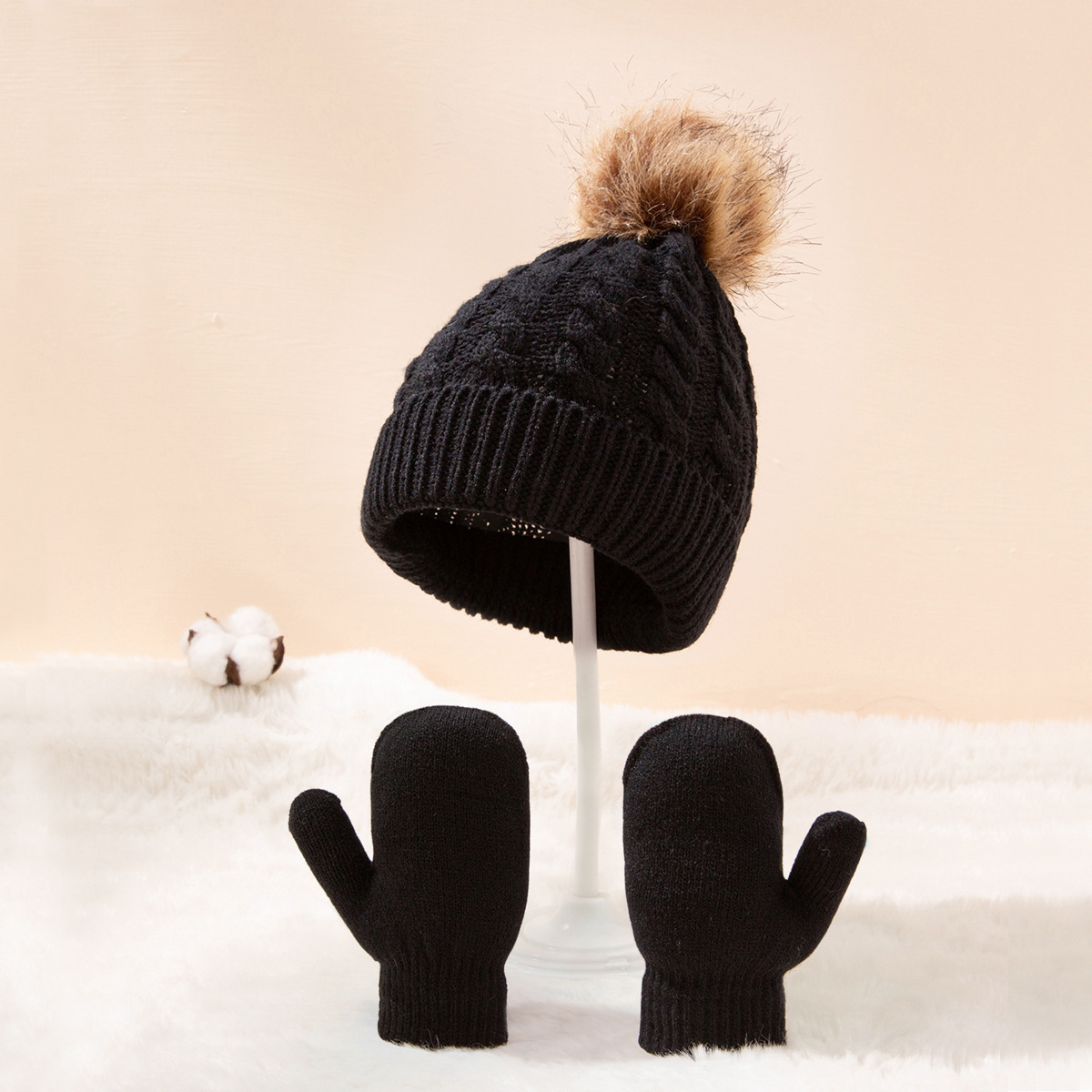 Winter Hat Gloves Suit Children Boys Girls Caps Pompom Ball Keep Warm Knitted Beanies and Mittens Solid Color for 0-3 Years Kids