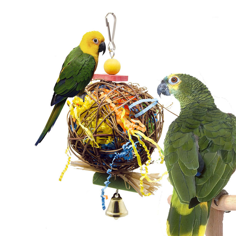 Parrot Bird Toy Natural Rattan Weaving Paper Brushed Chewing Toys For Small Parrot Bird Cage Hanging Ball Swing Toy Bird Supplie