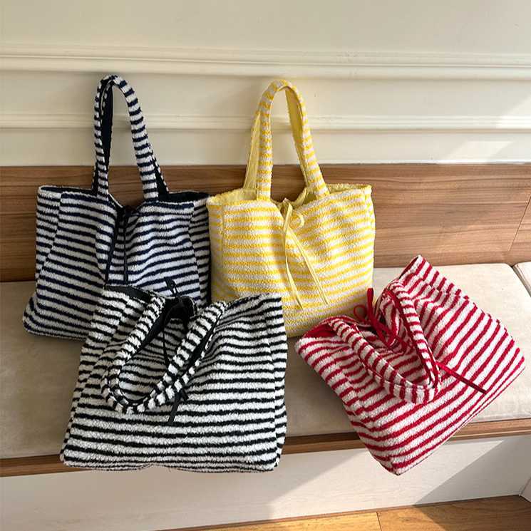striped plush autumn winter style large capacity simple versatile reversible bag, college style 241115